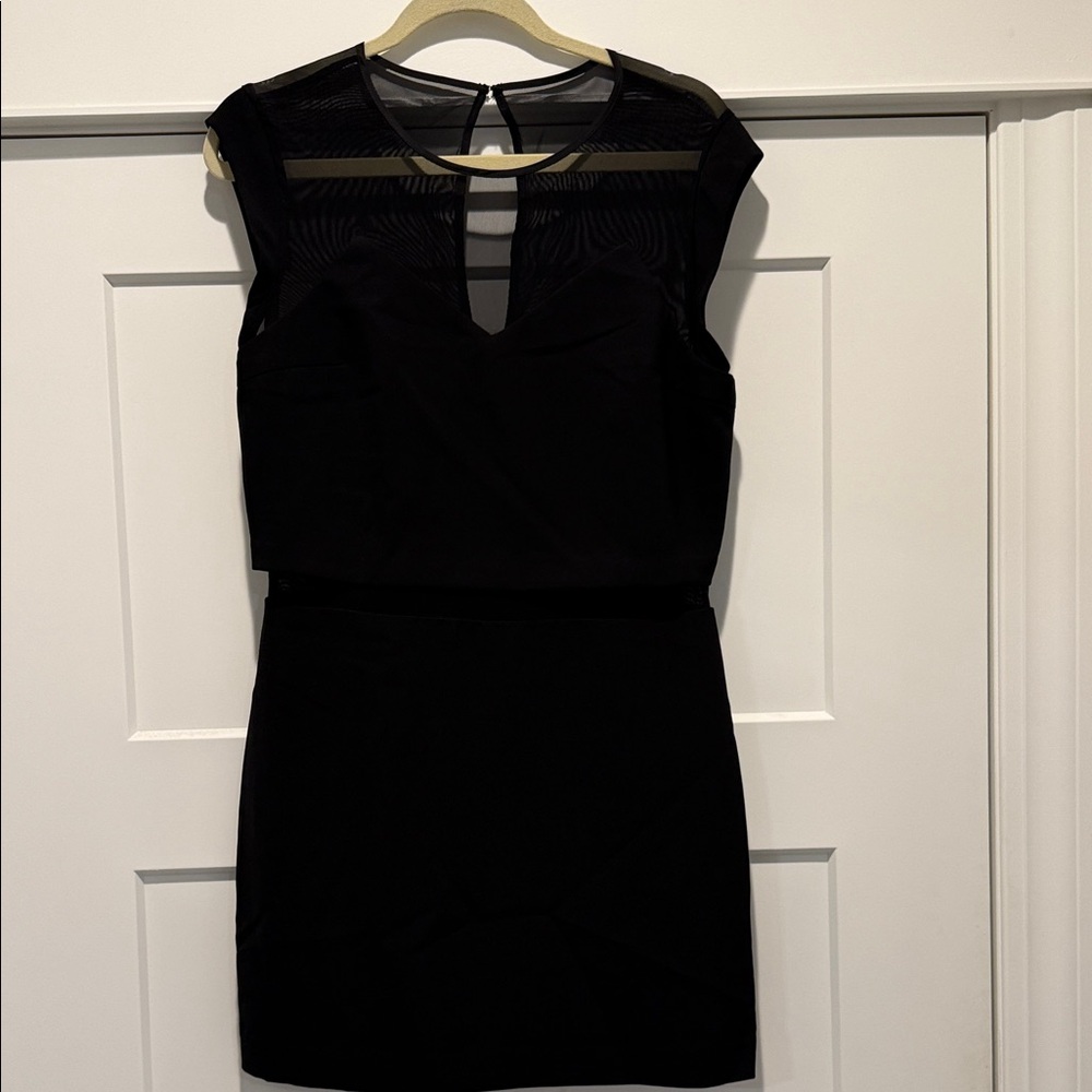 Express Black Cap-Sleeve Sheath Dress with Mesh Yoke